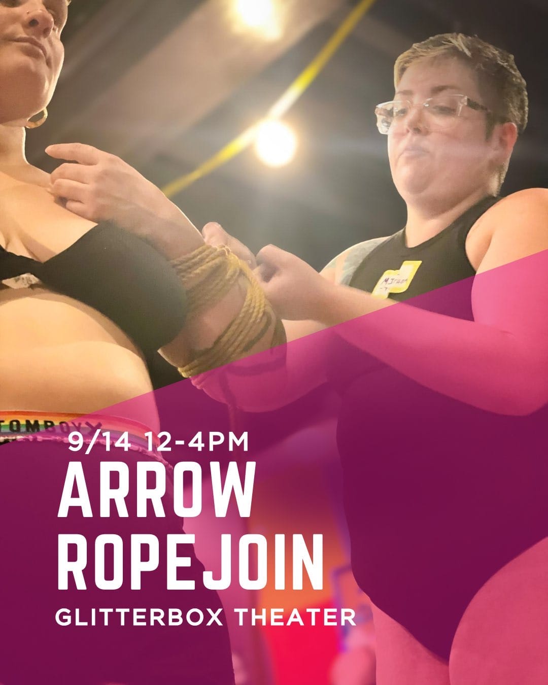 White text over an image of two people tying rope together.