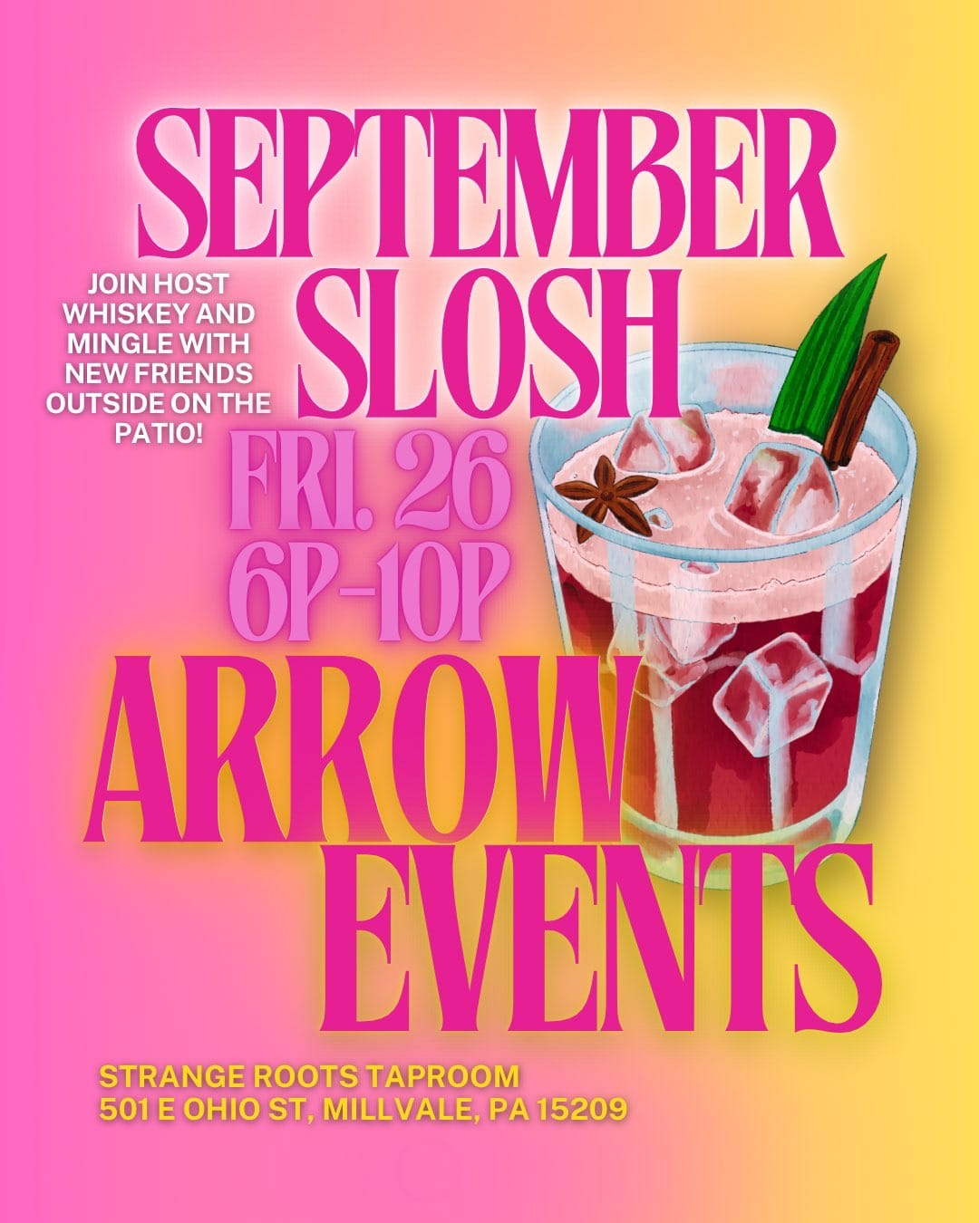 Photo of an alcoholic beverage over a pink and yellow ombre background. 