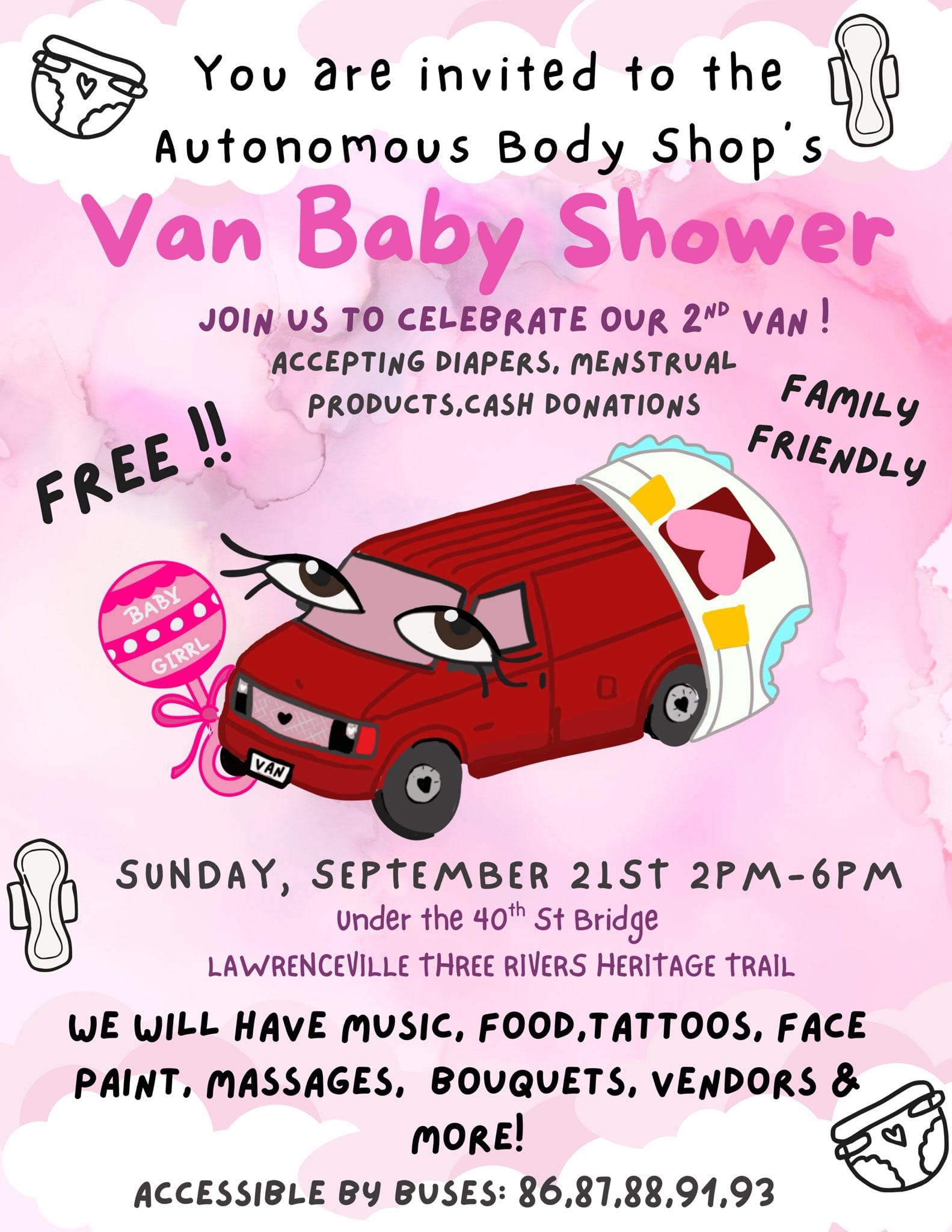 A red van with eyes, long eyelashes, and a diaper sits on a pink cloudy back ground. Images of menstrual products and diapers are scattered over the image.