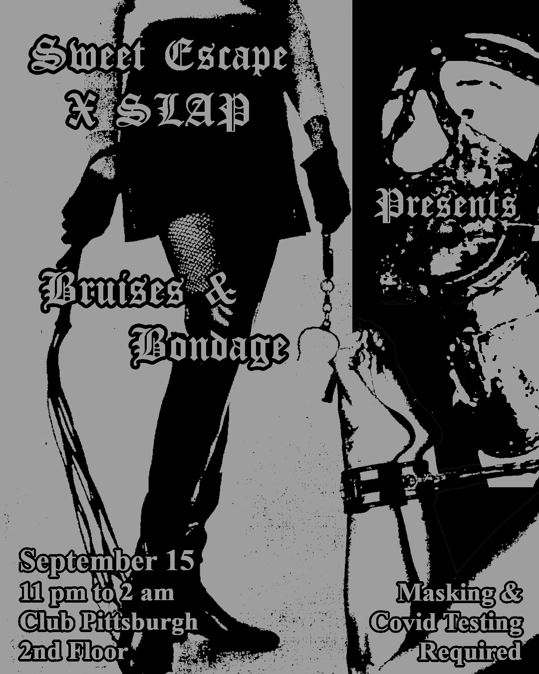 Grainy images of a person wearing a leather skirt, wielding handcuffs and a flogger. There is also a person with a muzzle and feet bound with shackles. 