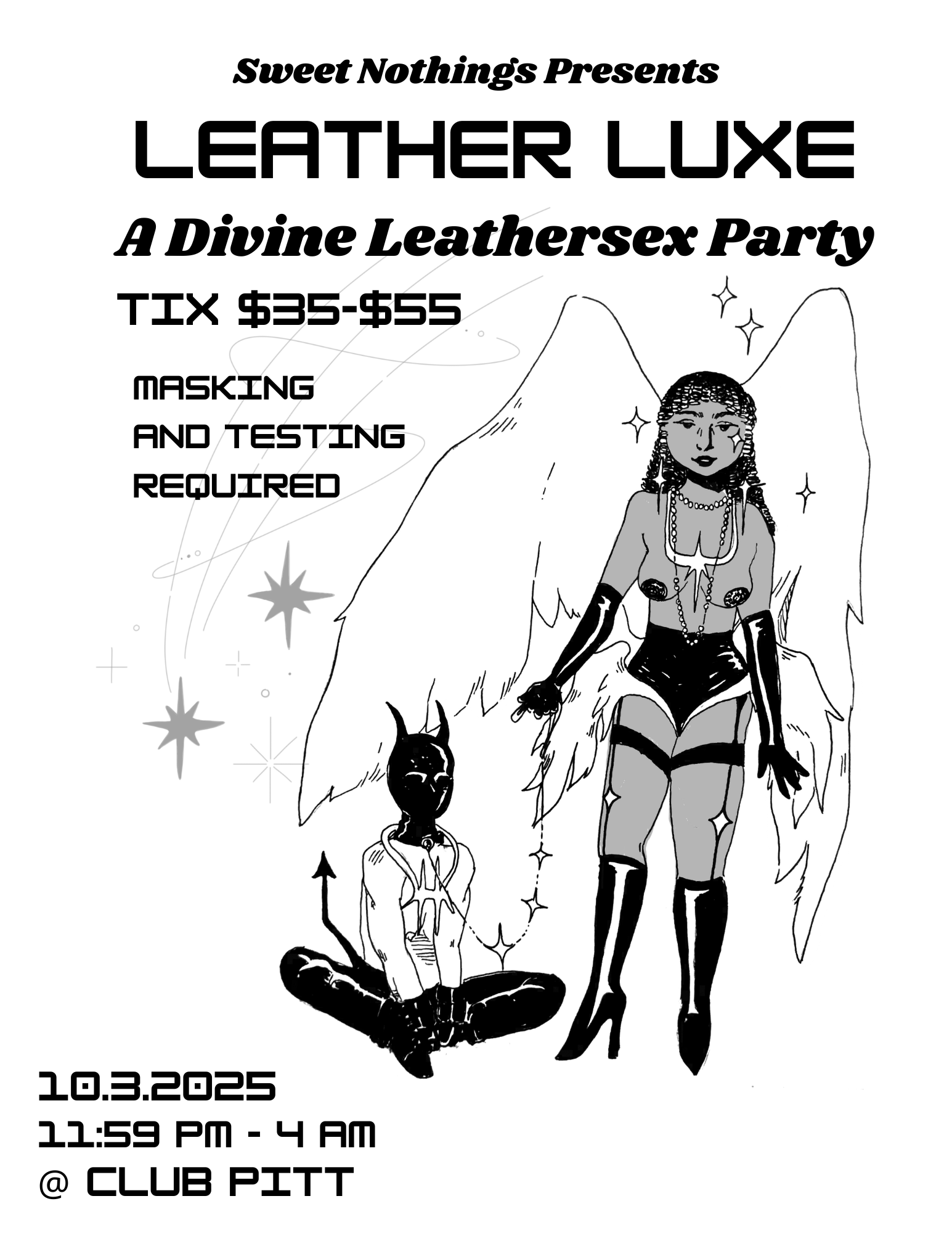 A Black angel wearing high-heeled leather boots and leather booty shorts holds the leash to a gimp-mask wearing devil sitting cross-legged on the ground. Black text over a white background.