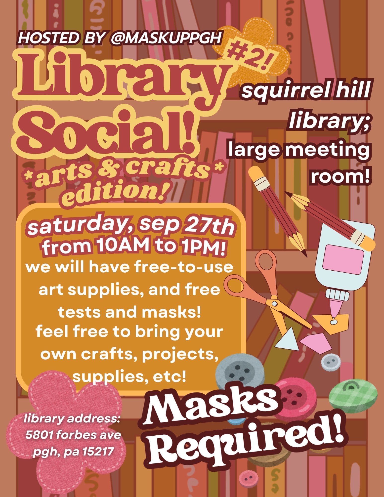 A drawing of bookshelves overlaid with crafting supplies. 