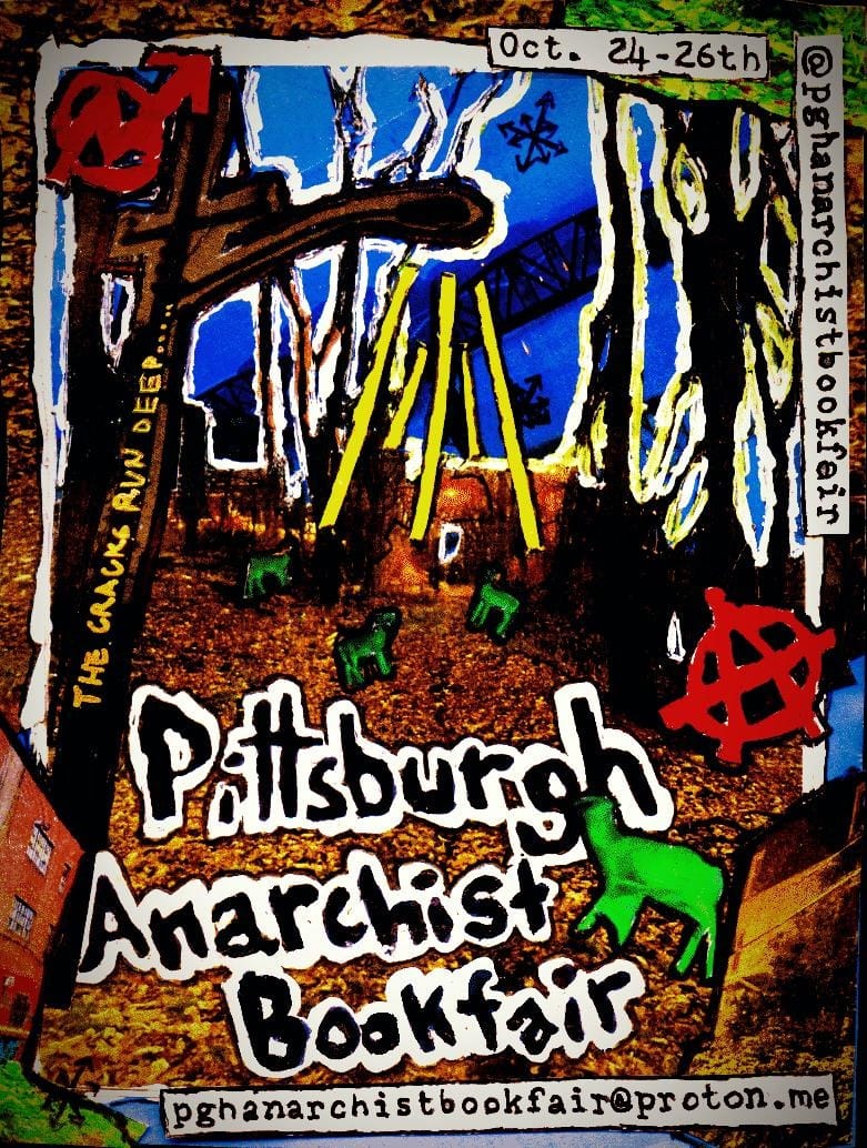 A drawing of a dark psychedelic forest with green animals, buildings, bridges, and the anarchist symbol in red.