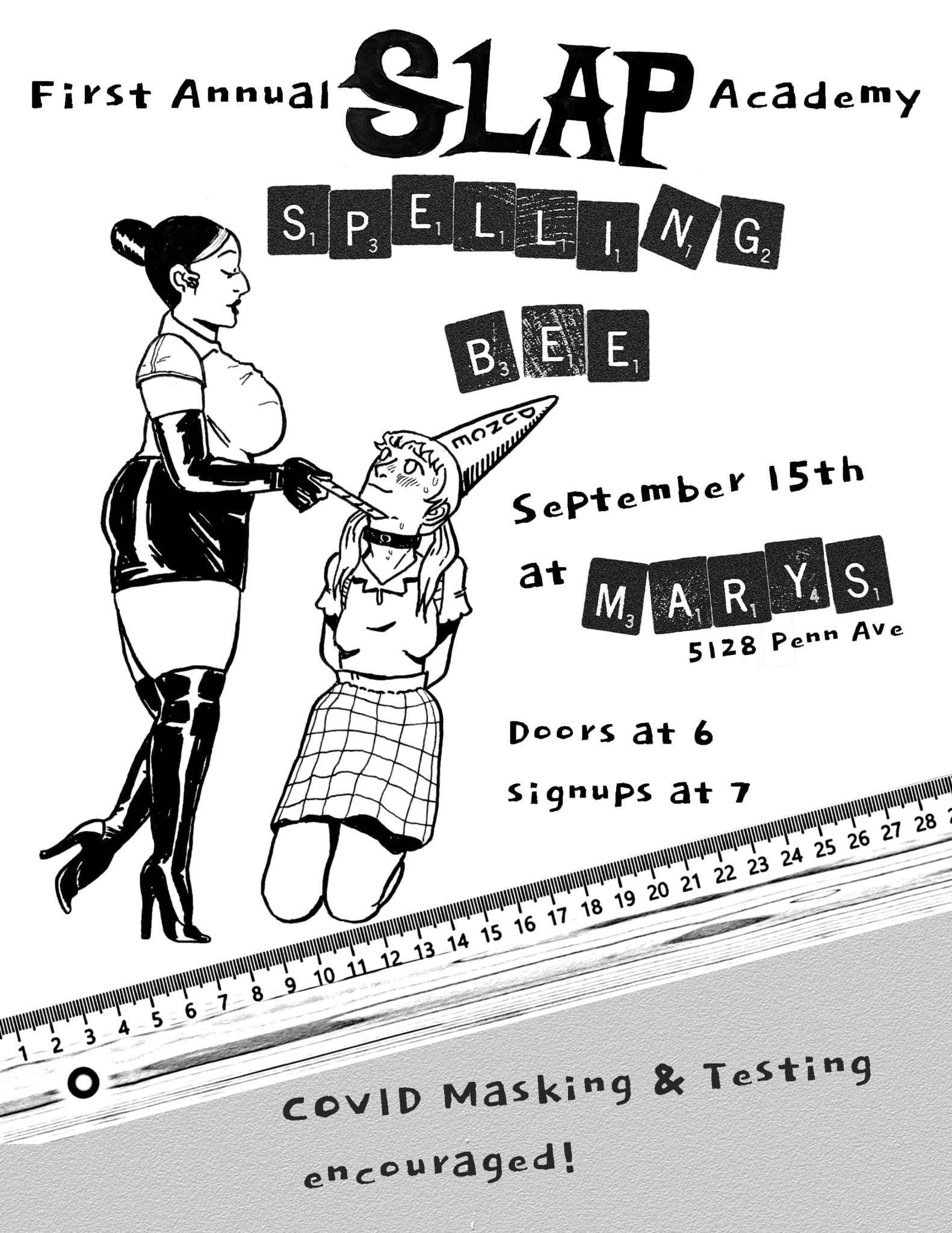 A student kneels before her teacher, blushing as Miss looks down at her while tilting her chin up with a ruler.