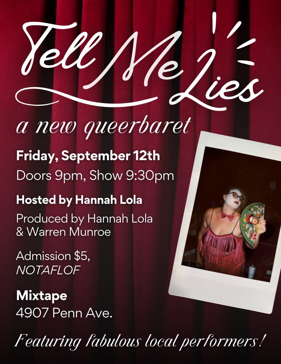 White text on a red curtain background. There is a Polaroid photo of Hannah Lola holding a fan and dressed in a sheer red gown.