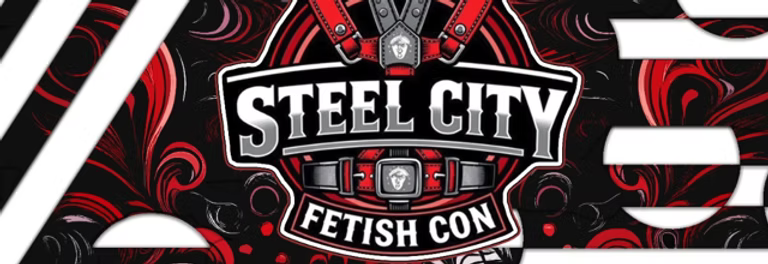 "Steel City Fetish Con" in mechanical text over a black and red swirly background. 