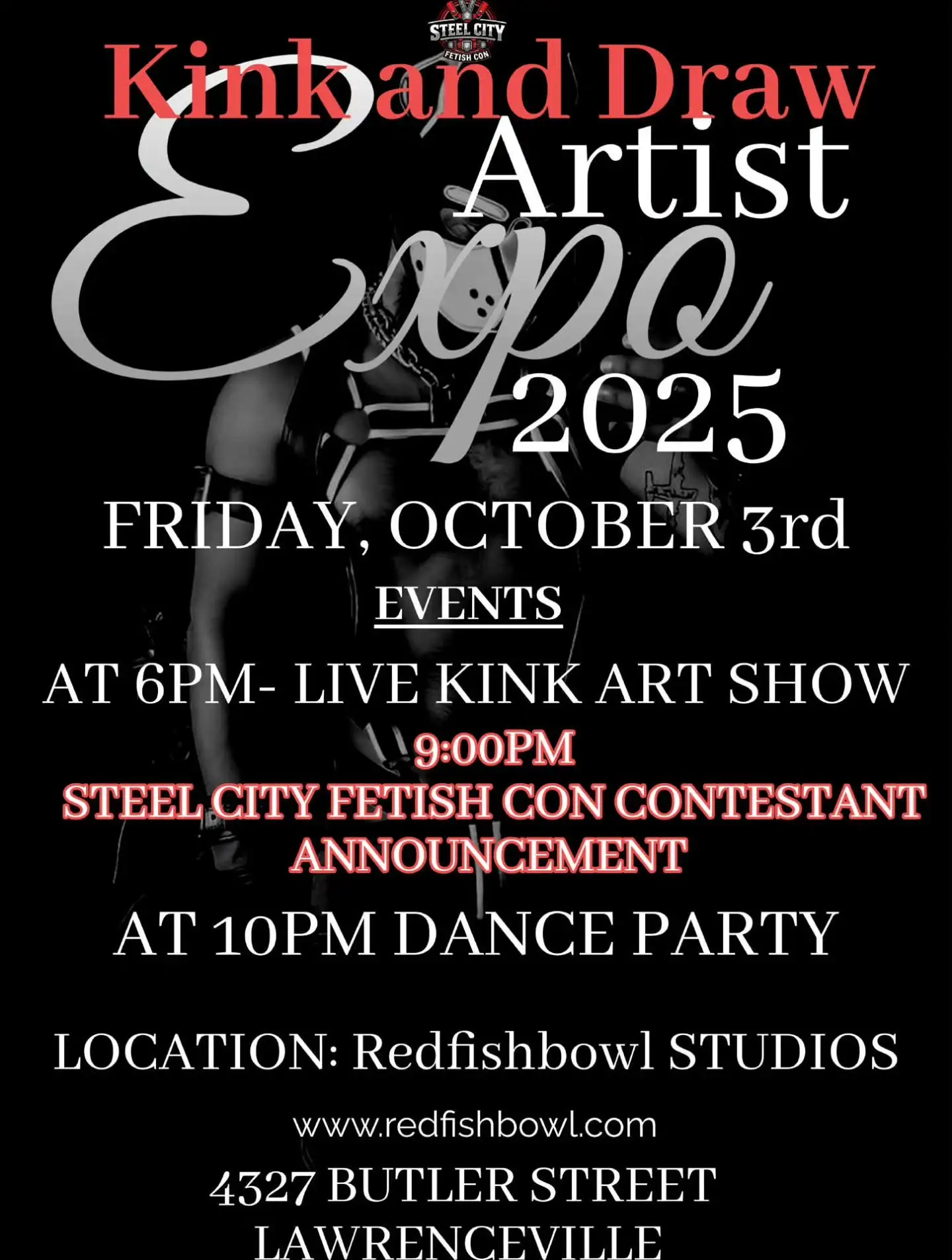 White text over a black background. There is a figure wearing a pup mask and harness over a bare chest in the background.