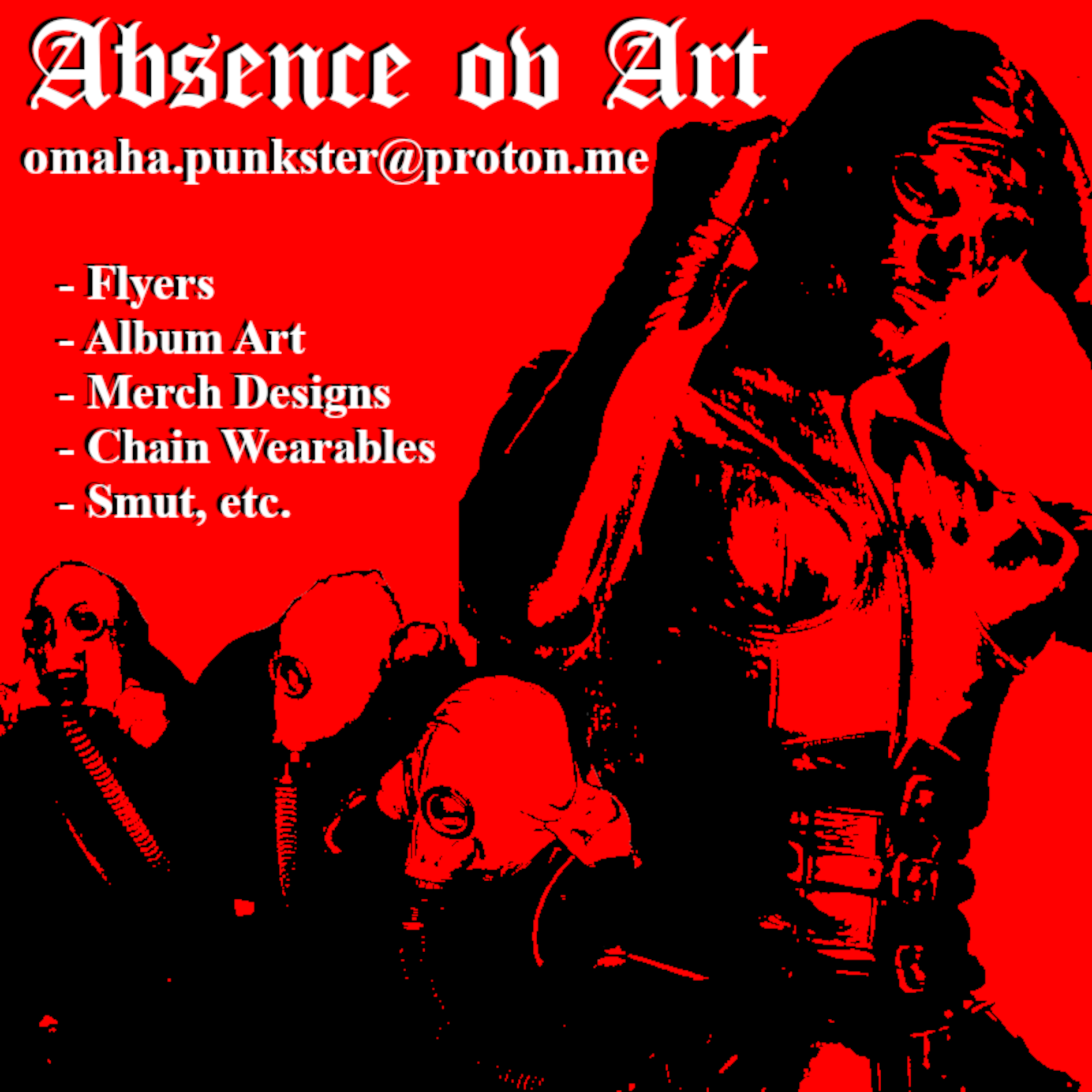 White text on a red flyer. Black figures wear gas masks and latex bodysuits.
