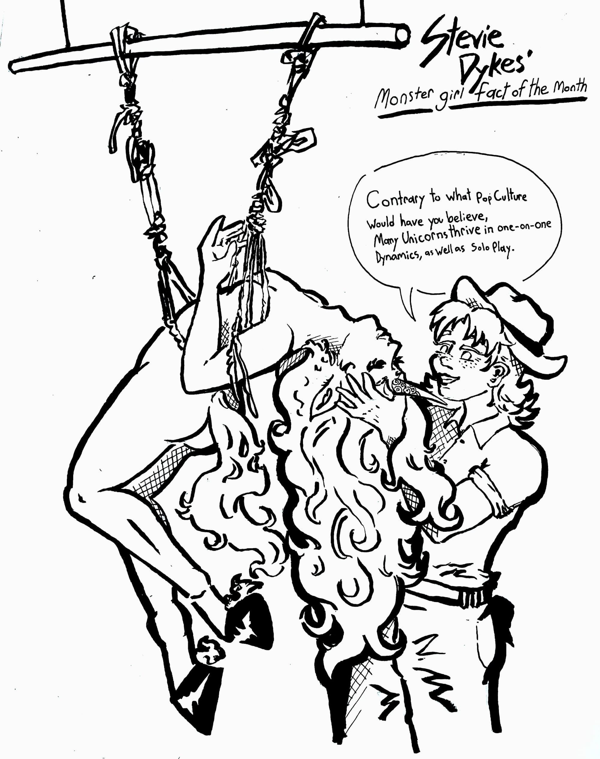 “Contrary to what pop culture would have you believe, many Unicorns thrive in 1-on-1 dynamics as well as solo play” so says Stevie Dykes, monster girl hunter & rope top extraordinaire, while gingerly fondling the horn of a unicorn girl, suspended in rope with her long hair and tail dangling freely.