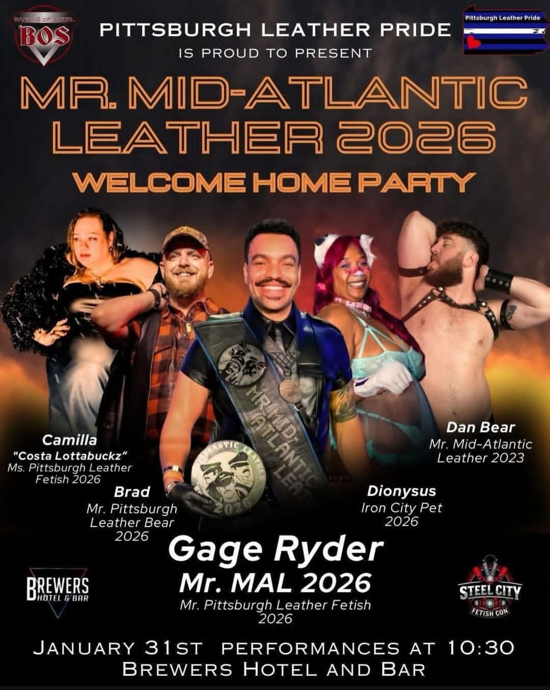 Five leather title holders stand in front of a fiery background. Logos for Barons of Steel, Pittsburgh Leather Pride, Brewers Hotel and Bar, and Steel City Fetish Con are in the corners. 