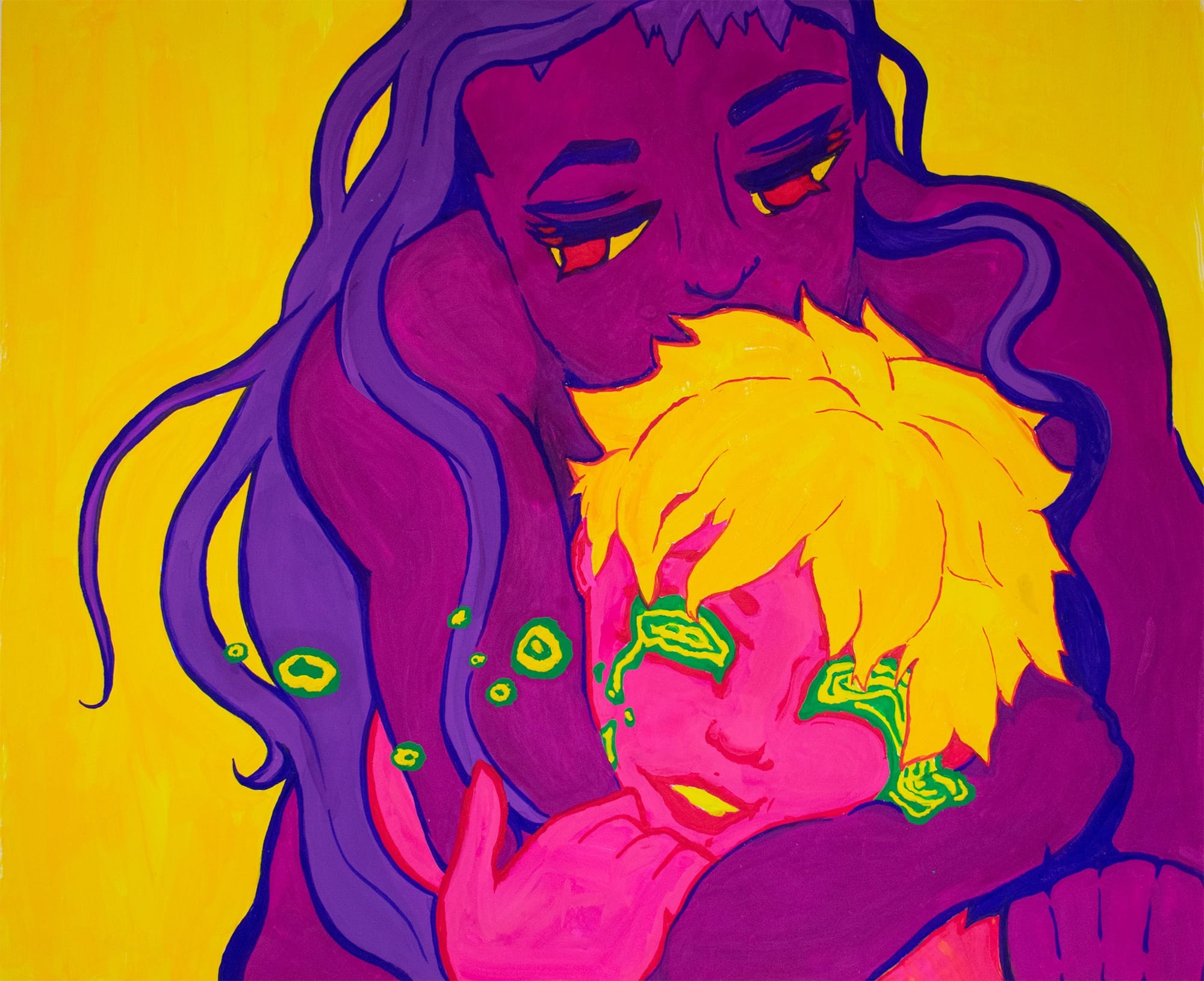 a purple figure with long hair looks down, face buried in the hair of their pink technicolor prey they have by the neck, whose eyes are dripping and melting deliriously into tears of ecstasy… and joy?