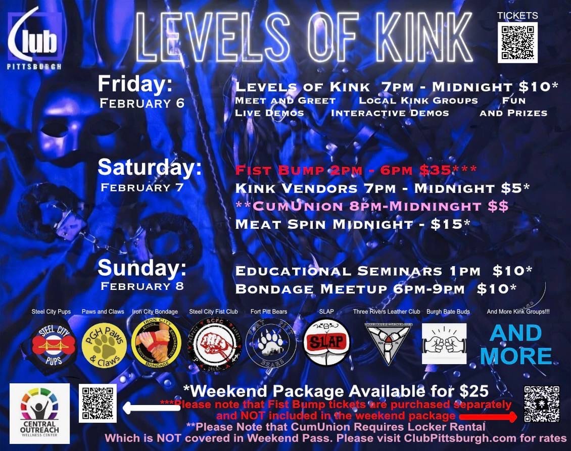 A blue background featuring a mask, crop, flogger, leather harness, and other kinky toys laying on blue silk. White text over the image covers information about the event. Featured organizations include: Iron City Bondage, Burgh Bates Buds, Three Rivers Leather Club, Trashy Pig, Fort Pitt Bears, Steel City Fist Club, Steel City Pups, Steel City Chastity, Pgh Paws and Claws, SLAP, and more!