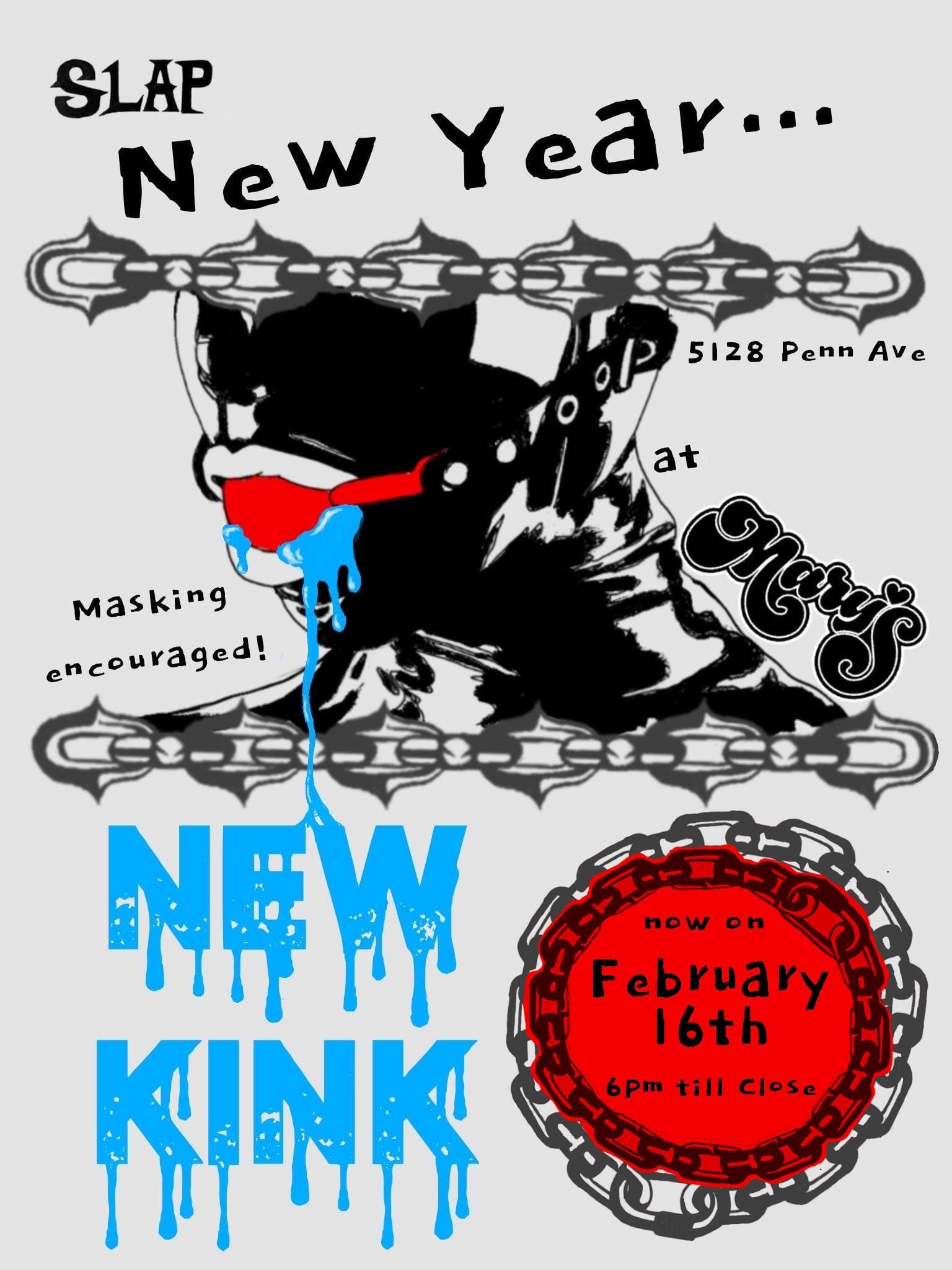 Flyer with an illustration of the lower half of a person's face in a shiny black gimp hood with a red ball gag, dripping bright blue drool. Chain motifs form borders around the image.