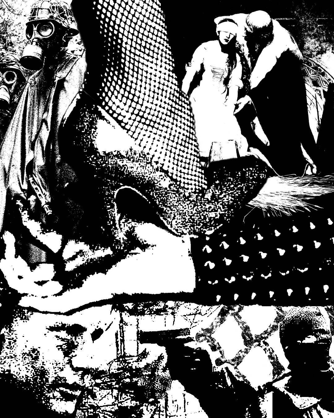 A black and white digital collage featuring images of a heeled foot stepping on a hand, gas mask wearing cloaked figures, a balaclava wearing militant, among other images.