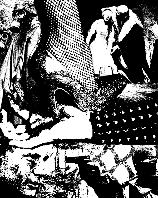 A black and white digital collage featuring images of a heeled foot stepping on a hand, gas mask wearing cloaked figures, a balaclava wearing militant, among other images.