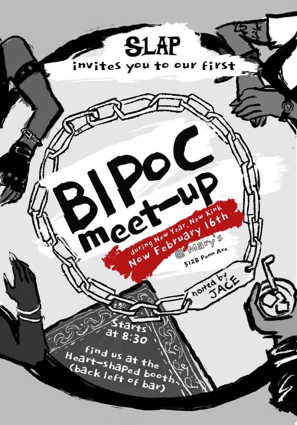 Chains encircle text giving event info. There is a grey hankie in the bottom left and hands and arms of various skin tones and styles encircle the photo as if sitting at a table together.